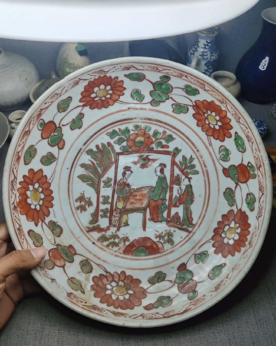 明代看图偏加彩,明代红绿彩仕女图盘鉴定结果2024年12月18日-唐珍收藏